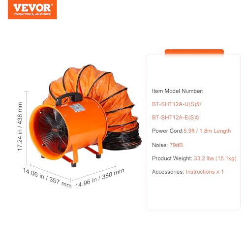 VEVOR Air Mover Blower Fan 12 in, 3198CFM 585W, Portable Ventilator, Orange - size: 12in-16ft