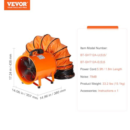 VEVOR Air Mover Blower Fan 12 in, 3198CFM 585W, Portable Ventilator, Orange - size: 12in-16ft