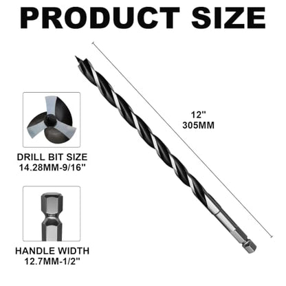 9/16"×12" Professional Auger Drill Bit for Wood with Quick Change 1/2" Hex Shank- 3-Cutter Design with Dual-Flute for Fast Chip Removal, Fits Hardwood, Softwood, PVC, Drywall & Tree Stumps - size: 9/16"×12"