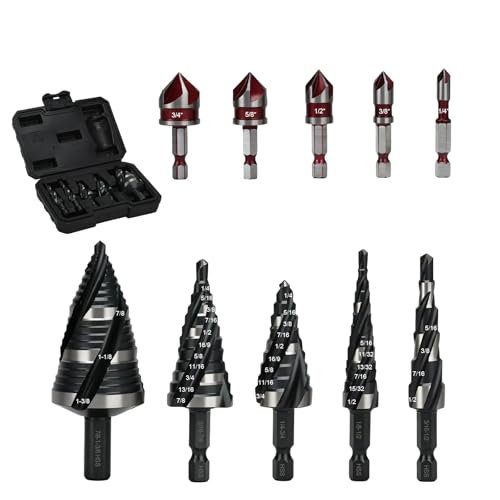10Pcs Step Drill Bit & Countersink Set with Tool Box, HSS Four Spiral Flute
