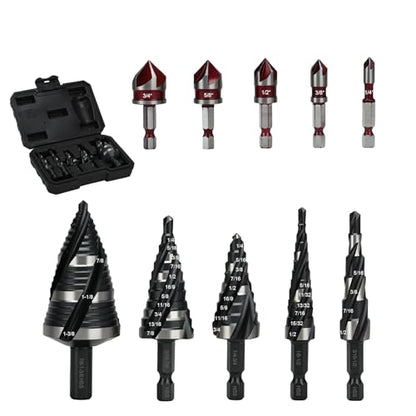 10Pcs Step Drill Bit & Countersink Set with Tool Box, HSS Four Spiral Flute