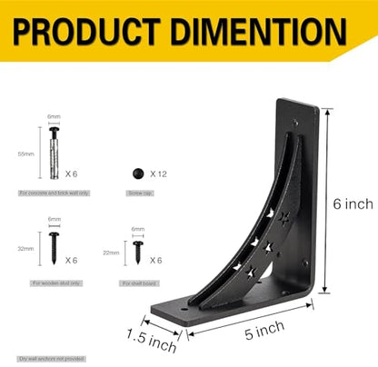 Heavy Duty Shelf Brackets，max Load 900 LBS,Premium Alloy Metal Mantel Brackets , (Set of 2) Fireplace Mantel Brackets - Countertop Support Brackets (Matte Black, 6 inch x 5 inch) - size: 6 inch x 5 inch