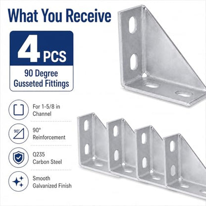 4 Pack 90 Degree Gusseted Fittings, Q235 Carbon Steel for 1-5/8" Channel