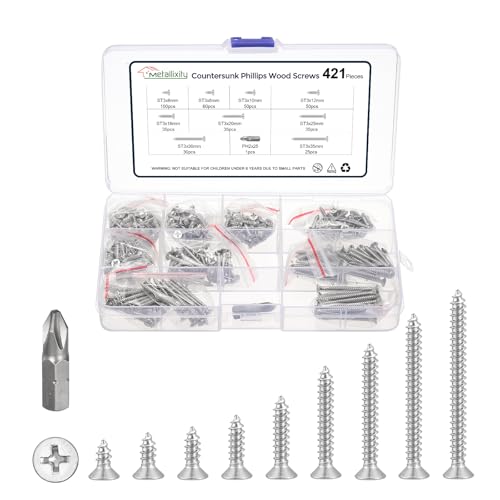 METALLIXITY 421Pcs(ST3) Countersunk Phillips Wood Screws Kit SS304 - color: Silver, size: ST3x35