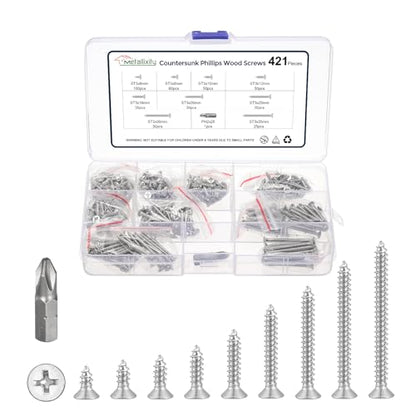 METALLIXITY 421Pcs(ST3) Countersunk Phillips Wood Screws Kit SS304 - color: Silver, size: ST3x35