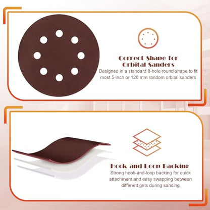 60 Grit Sanding Discs Sandpaper, Jamiikury 5 Inch Orbital Sander Sandpaper Hook and Loop Sanding Pads Round Sand Paper - Pack of 20