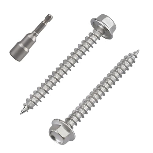 #12 x 1-1/2" Flanged Hex Head Fiberboard Wood Screws 50-Pack, 410 Stainless Steel Rust-Resistant Screws for Furniture & Wood Working Projects, Hex Bit Included - size: #12 x 1-1/2