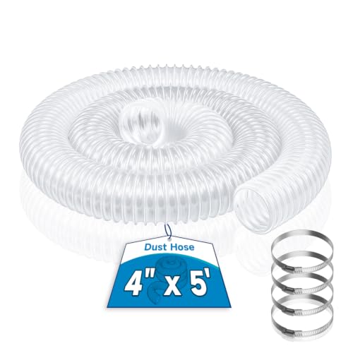 Hon&Guan 4" x 5' Dust Collection Hose, 4 Inch Flexible Clear PVC Dust Collector Hose with Carbon Steel Wire Woodworking Dust Collecting System, Includes 4 Hose Clamps - size: 4" x 5'