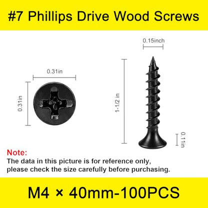 #7 x 1-1/2" Black Drywall Screws for Wood, Flat Head Self Tapping (100Pcs) - size: #7 x 1-1/2" (100Pcs)