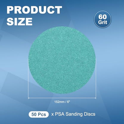 50Pcs 6" PSA Sanding Discs 60 Grit Polyester Film Green - size: 6 Inch-60 Grit