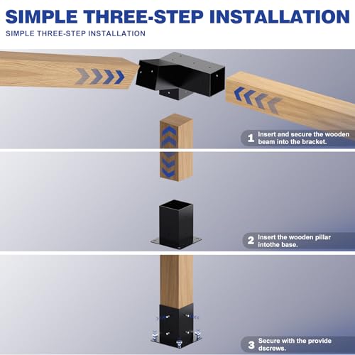 Pergola Kit, Slanted Roof Pergola Bracket, 3-Way Brackets with Post Base Kit, Log Cabin Outdoor 4"x 4" (Actual 3.5" X 3.5") Lumber - color: 2PC 15°3-Way+2PC 75°3-Way+4PC Post Base