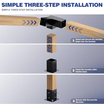 Pergola Kit, Slanted Roof Pergola Bracket, 3-Way Brackets with Post Base Kit, Log Cabin Outdoor 4"x 4" (Actual 3.5" X 3.5") Lumber - color: 2PC 15°3-Way+2PC 75°3-Way+4PC Post Base