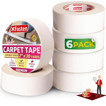 XFasten Double-Sided Carpet Tape for Area Rugs, 2 Inch x 30 Yards- 6 Packs (540 Ft), Heavy Duty Grippy Residue-Free Silicone Adhesive Keeps Rugs in Place on Hardwood, Laminate and Tile Floors - size: 2-inch x 30 yards - 6 packs (540 ft)