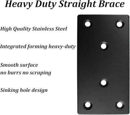 4PCS Black Stainless Steel Flat Mending Plates, 4"x2" Straight Bracket Brace, Heavy Duty Metal Fixing Joining Plate for Furniture, Wood, Shelves, Fence - size: 4"x2"-4pcs