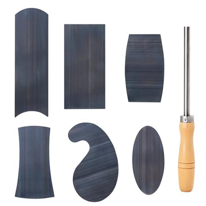 Cabinet Scraper Burnisher with 6 Piece Multi-Shaped Scraper Set 1 Oval 2 Double Convex/concave 1 Rectangle 1 Curved and 1 Gooseneck Scraper (Blue Spring Steel)