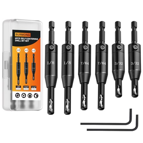 BURMONG 6-Piece Self Centering Drill Bit Set, Durable HSS VIX Bit with Hex Key, 3/32”, 7/64”, 1/8” Center Drill Bits, 1/4 Inch Hex Shank for Drilling Holes & Installing Hinges