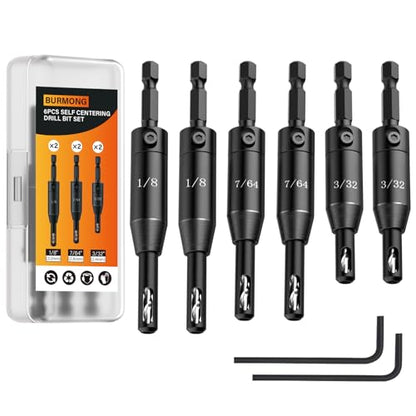 BURMONG 6-Piece Self Centering Drill Bit Set, Durable HSS VIX Bit with Hex Key, 3/32”, 7/64”, 1/8” Center Drill Bits, 1/4 Inch Hex Shank for Drilling Holes & Installing Hinges