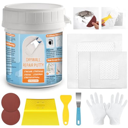 Drywall Repair Kit, Drywall Patch Repair Kit with 8.8OZ White Wall Repair Putty, Scraper Sandpapers Gloves for Heavy Duty Plaster Wall Repair, Easy to Fill Holes in Home Wall & Quick Repair Crack - color: 8.8OZ White Wall Repair Putty Patch Kit