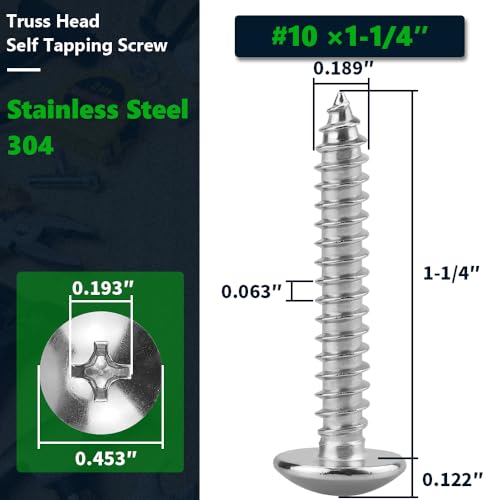 #10 x 1-1/4" Stainless Steel Truss Head Self Tapping Screws, 304 SS (18-8), Phillips Drive, Corrosion Resistant Screws for Wood, Metal & Sheet Metal Projects, 50 Pack - size: #10 x 1-1/4"
