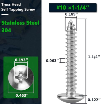 #10 x 1-1/4" Stainless Steel Truss Head Self Tapping Screws, 304 SS (18-8), Phillips Drive, Corrosion Resistant Screws for Wood, Metal & Sheet Metal Projects, 50 Pack - size: #10 x 1-1/4"
