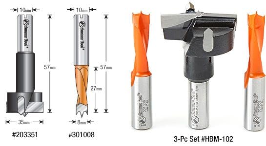 Amana Tool - HBM-102 3-Pc Hinge Boring 57 Long x 10mm Shank Carbide Tipped Bit Set