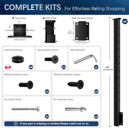 3 Pack Side Mount Level Drilled Cable Railing Post 36"x2"x2"(Post Body 44"), Fixed Top Line Post with 11 Holes, Fascia Mount Stainless Steel Cable Deck Rail Post, Black Wood Concrete Deck Post - style: 3x Level Post