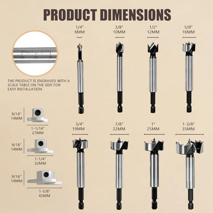 CATITO 8-piece Forstner Drill Bit Set for Woodworking - HEX Shank, Forstner Bit, Wood Drill Bits for Holes, Hinge Cutter for Wood, Plastic, Plywood - size: 8 PCS ( 1/4" to 1-3/8" )