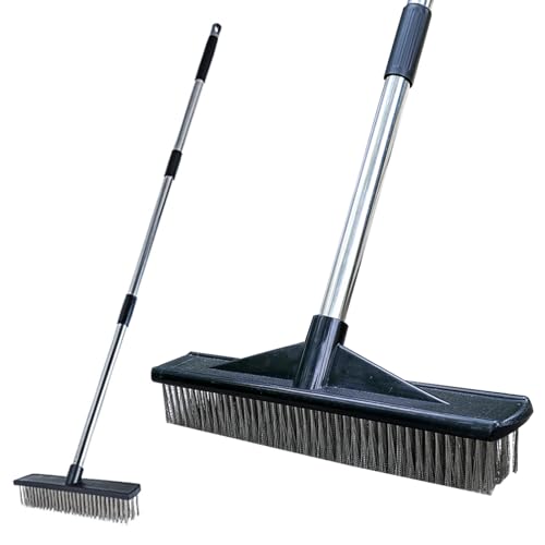 Heavy Duty Wire Push Broom Brush, 15.7" Stainless Steel Bristle Deck Brush with Long Handle for Removing Weeds, Outdoor Broom for Rough Surface Dirt