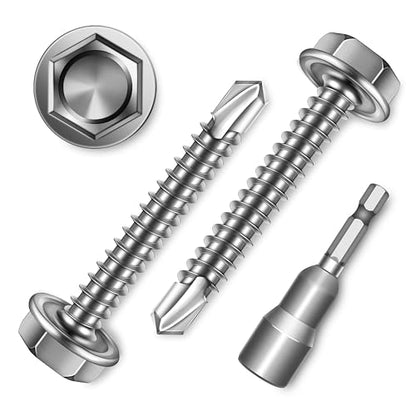 100Pcs #8 x 1-1/4" Sheet Metal Screws, 410 Stainless Steel Self Drilling Hex Washer Head Self Tapping Screws for Metal with Drill Bit - color: Silver, size: #8 x 1-1/4"