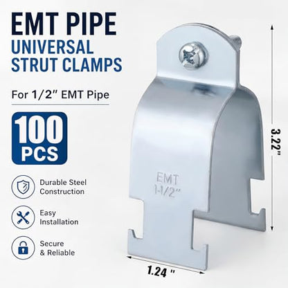 Landhoow Emt Pipe Universal Strut Clamps Strut Channel Accessory Electro Galvanized Conduit Clamp with Bolt and Nut, Rigid Pipe Tool(1-1/2 Inch,Silver,100 Pcs) - color: Silver, size: 1-1/2 Inch