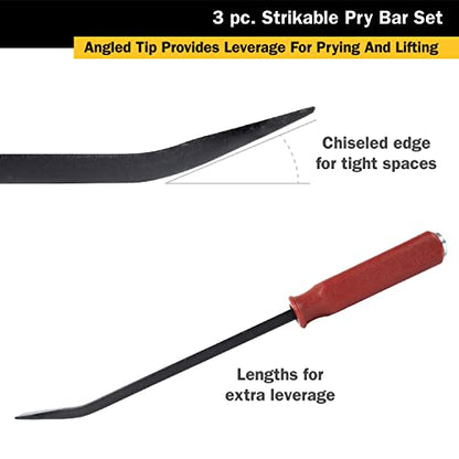 TEKZ 17113 3-Piece Angled Tip Pry Bar Set with Strike Cap Handle