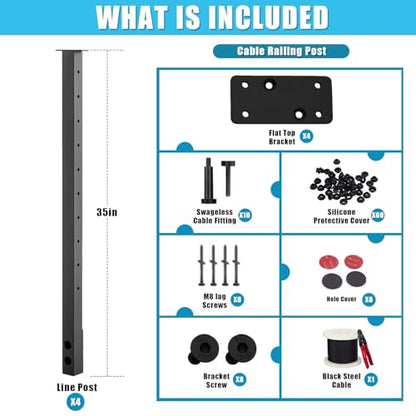 36" Fascia Mount Cable Railing Post Kit,Including 4 Black Railing Posts,250ft Cable, 10 Sets Terminal, 60 Cable Grommets(No Handrail) - size: 4 Line Posts Kit