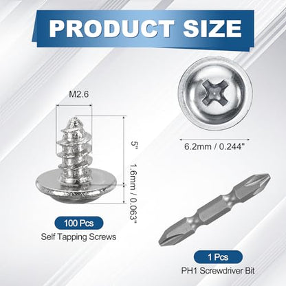 100pcs M2.6x5 Self Tapping Screws Carbon Steel Screws Silver - size: M2.6x5