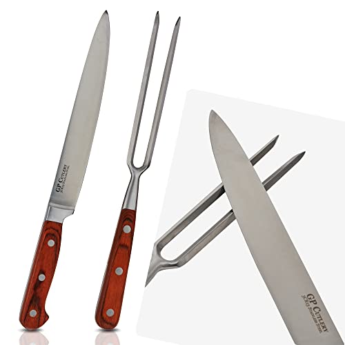 Meat Carving Knife Set with Fork, Kitchen Tool for Turkey, Ham, Pork, Full Tang Stainless Steel, Hardwood Handle and Gift Storage Box