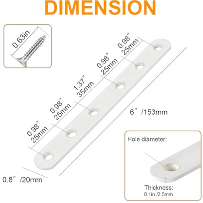 6 Pack White Flat Brackets, 6 Inch Straight Brace Mending Plate with Screws - size: 6 Pcs/ 6” x 0.8”