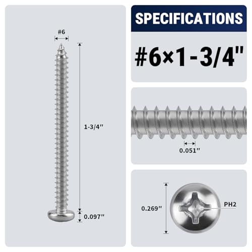 #6 x 1-3/4" (100 Pack) Stainless Steel Phillips Pan Head Wood Screws, Stainless Steel 304 (18-8), Pan Head Sheet Metal Screws Self Tapping for Wood - size: #6 x 1-3/4"