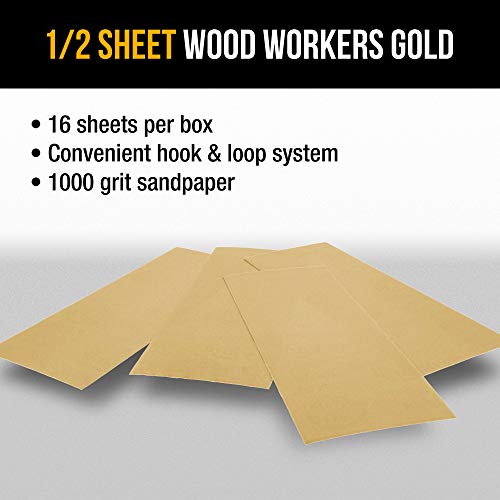 Dura-Gold Premium 1/2 Sheet Gold Sandpaper Sheets, 1000 Grit (Box of 16) - size: 1000-Grit