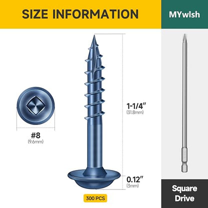 Mywish 300Pcs 1-1/4 Pocket Hole Screws, Wood Screws #8 x 1-1/4" Washer Head Square Drive Self Tapping Pocket Screws, Blue Coated, with 150MM Pocket Hole Drill Bit - color: Blue-Coated, size: #8 x 1-1/4"