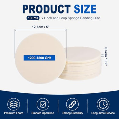 10Pcs 5 Inch Hook and Loop Sponge Sanding Disc, 1200-1500 Grit - size: 5 Inch 1200-1500 Grit