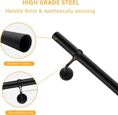 ROTHLEY 6.6 FT Industrial Handrails for Indoor Stairs: Modern Staircase Handrails Wall Mount Stair Handrail 1.6" Round Sturdy Pipe Hand Railings for Steps Matt Black Powder Coat Stairway Railing - size: 6.6FT