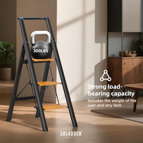 SOLADDER Folding 3 Step Ladder with Handrails,Foldable Step Stool - color: Black&woodgrain, size: 3 Step