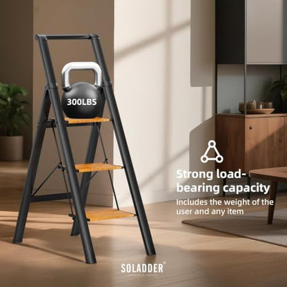 SOLADDER Folding 3 Step Ladder with Handrails,Foldable Step Stool - color: Black&woodgrain, size: 3 Step