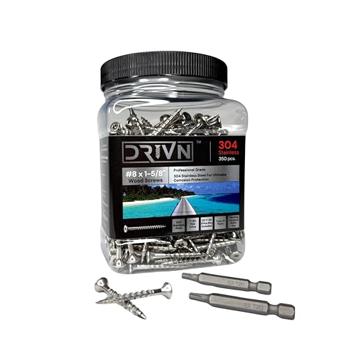 #8 x 1-5/8 Inch Stainless Steel Wood Screws | 304 Grade | 350 Pack | T20 Star Torx Drive Flat Head | (2) 2" Pro Drive Bits Included | Corrosion Resistance | Fence and Outdoor Use (1-5/8") - size: 1-5/8"