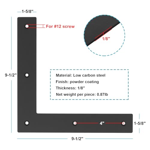 6 Pack 9-1/2" x 9-1/2" x 1-5/8" Black Flat L Bracket, Mending Plate