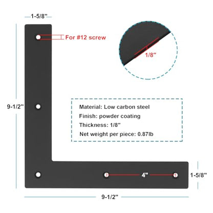 6 Pack 9-1/2" x 9-1/2" x 1-5/8" Black Flat L Bracket, Mending Plate
