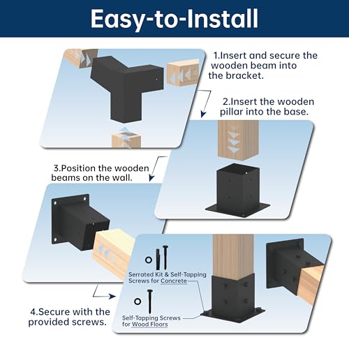 15° Slanted Roof Wall Mounted Pergola Bracket Kit 4x4, Including 2 Wall Bases, 2 105 ° 3-Way and 2 Bases, Angled 4x4 Wooden Beams Lumber Gazebos Patio Pergola Sheds Lean to Porch Roof - size: 4x4 Angled 4pcs + Base 2pcs