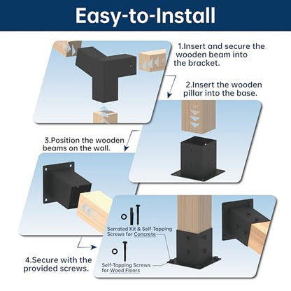 15° Slanted Roof Wall Mounted Pergola Bracket Kit 4x4, Including 2 Wall Bases, 2 105 ° 3-Way and 2 Bases, Angled 4x4 Wooden Beams Lumber Gazebos Patio Pergola Sheds Lean to Porch Roof - size: 4x4 Angled 4pcs + Base 2pcs