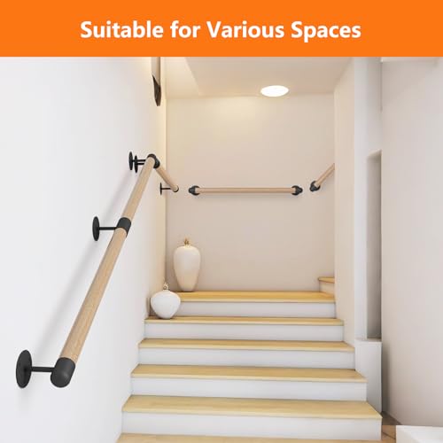 4FT Round Wooden Stair Handrail Wall Mount - size: 4FT