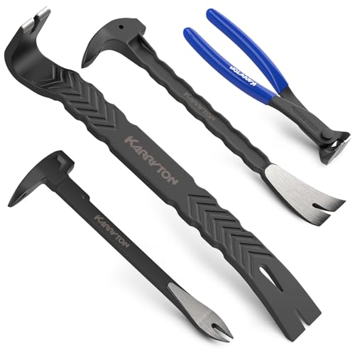 4-Piece Heavy-Duty Pry Bar Set – 12" & 10" Utility Claw Pry Bars, 15" Flat Pry Bar, 8" End Cutting Pliers | CR-V Steel Nail Puller Tool with Hammer-Function & Ergonomic Grip