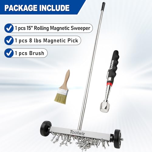 Toolwiz 15" Rolling Magnetic Sweeper with Telescopic Magnetic Pick Up Tool - size: 15 inches + 16 LB Pick Up Tool